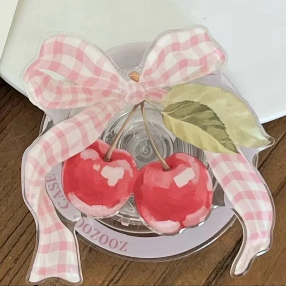 Cherry Magnetic Phone Grip with Pink Gingham Bow